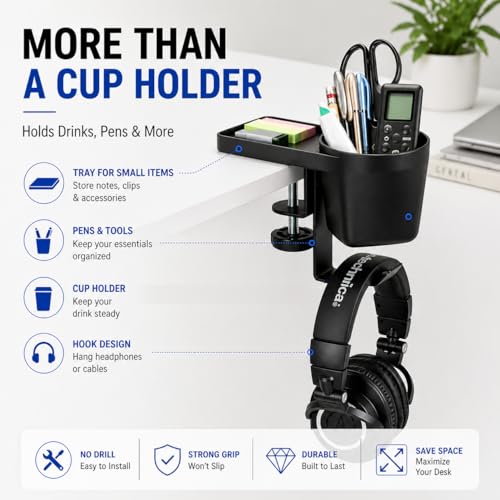 MAX SMART Desk Organizer with Cup & Headphone Holder, Clamp-On | More Desk Space | Essentials Within Reach | Reduced Workspace Clutter | Home Office Ready