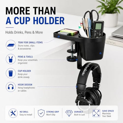 MAX SMART Desk Organizer with Cup & Headphone Holder, Clamp-On | More Desk Space | Essentials Within Reach | Reduced Workspace Clutter | Home Office Ready