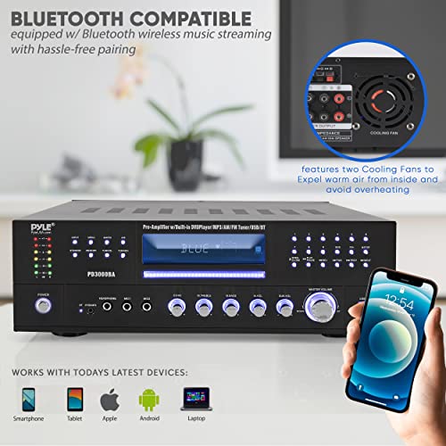 Pyle 4 Channel Bluetooth Amplifier with Front Loading DVD/CD Player - 3000 Watt Stereo Receiver with FM Radio, Dual Microphone w/Echo for Karaoke, USB-A in, LED, Rack Mount - PD3000BA.5