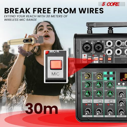 5 Core 4 Channel Audio Mixer with Bluetooth DJ Sound Controller XLR Microphone Studio Soundboard w +48V Phantom USB-A, MP3 Player Full EQ RCA Input/Output w Wireless Mic
