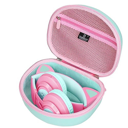 Tourmate Hard Travel Case for Riwbox CT-7 CT-7S / iClever HS01 / FosPower Cat Ear LED Light Kids Wireless Headphones, Protective Carrying Storage Bag (Pink&Green Box for Sale) - color: Pink&Green