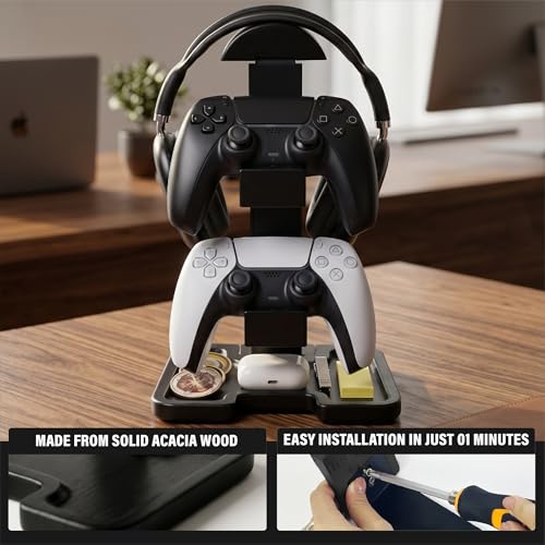 Gaming Equipment Headset Stand with Dual Controller Organizer Rack & Storage Base, Headphone Stand Gamer Gifts for Men Teenage Boy, Unique Gifts for Gamers to Organize Gaming Accessories (Black Wood)
