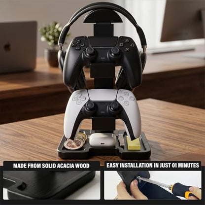 Gaming Equipment Headset Stand with Dual Controller Organizer Rack & Storage Base, Headphone Stand Gamer Gifts for Men Teenage Boy, Unique Gifts for Gamers to Organize Gaming Accessories (Black Wood)