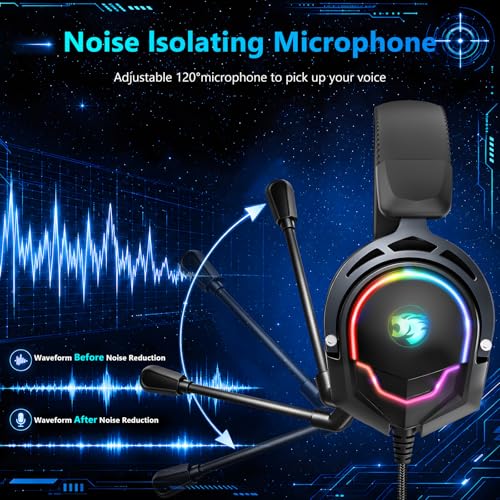 K98 Wired RGB Gaming Headset with Mic, Over Ear Gaming Headphones, 50mm Neodymium Drivers, Noise Isolating Microphone, Memory Foam Cushions, Aluminum Alloy Frame for PC, PS5, PS4, Xbox, Switch - color: Black/Gray RGB