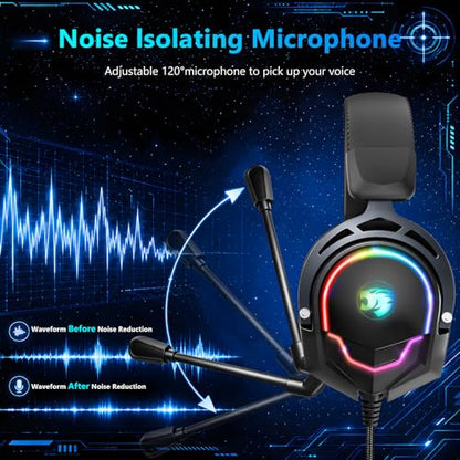 K98 Wired RGB Gaming Headset with Mic, Over Ear Gaming Headphones, 50mm Neodymium Drivers, Noise Isolating Microphone, Memory Foam Cushions, Aluminum Alloy Frame for PC, PS5, PS4, Xbox, Switch - color: Black/Gray RGB