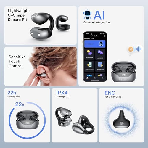 Kieslect Clip on Open Ear Wireless Bluetooth Headphones with AI 165 Language Translator, Real Time Translation Earbuds with Wireless Charging Case, Black, Active Noise Cancelling