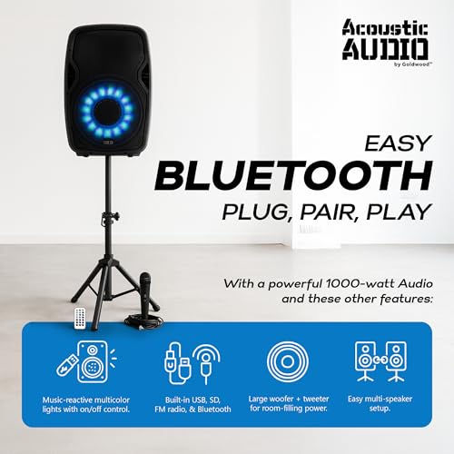 Acoustic Audio by Goldwood 1000W Bluetooth PA Speaker with LED, Mic & Stand | Large Plug-In Powered PA System with Remote & Flashing LED Party Lights for Karaoke, DJ or Tailgate Party
