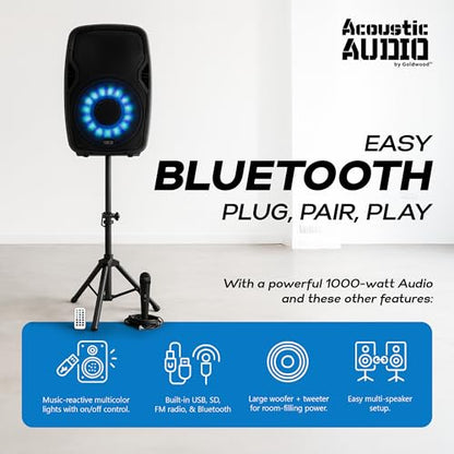 Acoustic Audio by Goldwood 1000W Bluetooth PA Speaker with LED, Mic & Stand | Large Plug-In Powered PA System with Remote & Flashing LED Party Lights for Karaoke, DJ or Tailgate Party