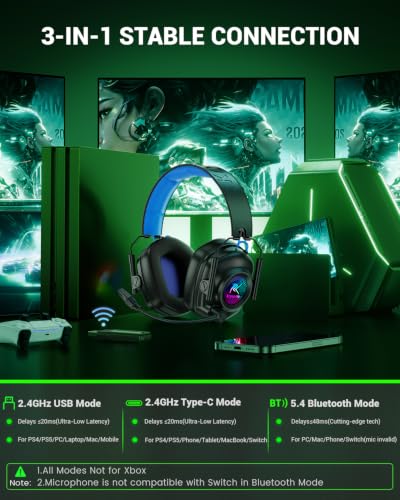 Krysenix Wireless Gaming Headset with Noise Canceling Microphone - Blue | For PC, PS5, PS4, Switch, Mac, 2.4 GHz Wireless & Bluetooth 5.4 Gaming Headphones,RGB Lighting,1200 mAh Battery,50mm Drivers - color: Blue