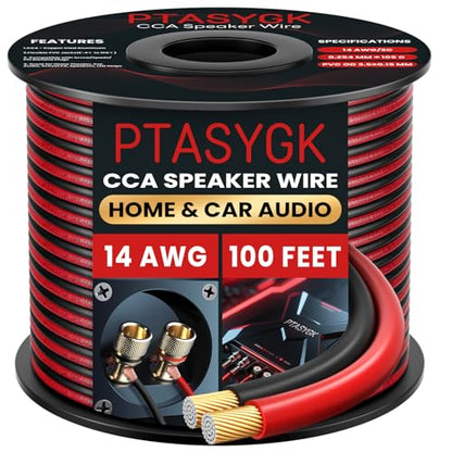 14 Gauge Speaker Wire 100ft 2-Conductor CCA Home Theater Surround | Speaker Cable with Minimal Audio Distortion & 1ft Printed Marks, Red Black Polarity, Soft PVC for Home Wall Wiring - size: 100FT, style: 14GAUGE