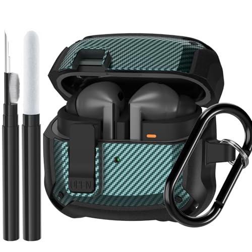 Compatible Samsung Galaxy Buds 3 Pro Case/Bud 3 Cover Clip with Cleaner Kit, Military Shell Protective Armor Case Cover with Lock & Carabiner for Galaxy Buds 3/3 Pro 2024 Men Women Black Green - color: Black-Green