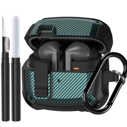 Compatible Samsung Galaxy Buds 3 Pro Case/Bud 3 Cover Clip with Cleaner Kit, Military Shell Protective Armor Case Cover with Lock & Carabiner for Galaxy Buds 3/3 Pro 2024 Men Women Black Green - color: Black-Green