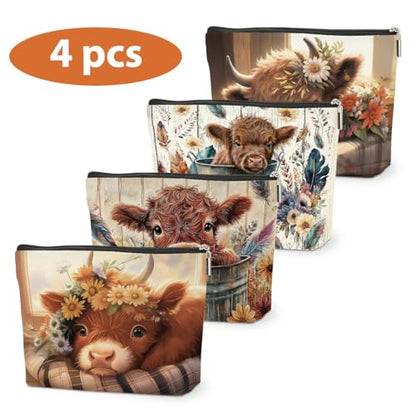 4 PCs Highland Cow Makeup Bag Highland Cow Gifts Cosmetic Bag - color: highland cow makeup bag