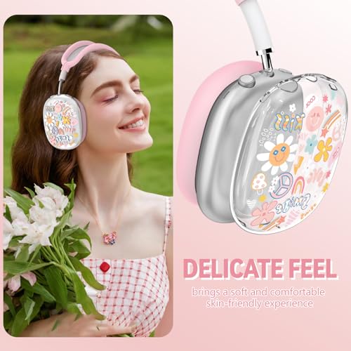 for Apple AirPods Max,Clear Flower Soft TPU Case for Women Girly,Pink | Ear Pad Case Cover/Ear Cups Cover/Headband Cover for AirPods Max Headphones (2024/2020)Transparent AirPod Max (USB-C) - color: Smile doodle