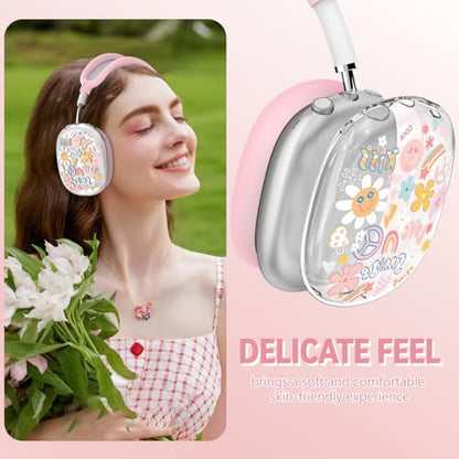 for Apple AirPods Max,Clear Flower Soft TPU Case for Women Girly,Pink | Ear Pad Case Cover/Ear Cups Cover/Headband Cover for AirPods Max Headphones (2024/2020)Transparent AirPod Max (USB-C) - color: Smile doodle