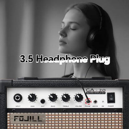 Fojill 20W Watt Electric Guitar Amplifier Amp Practice Small Portable Travel Mini Amp with 3.5 Headphone Jack Aux Distortion Gain Treble Bass Volume (Black, 20W) - color: Black