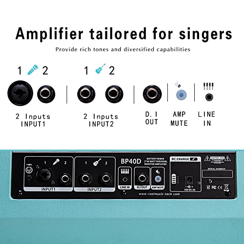 Coolmusic BP40D Powered Acoustic Guitar Amplifier- Portable Bluetooth Speaker 80W W/Battery with Reverb Chorus Delay Effect, 6 Inputs,3 Band EQ, Blue - color: Blue