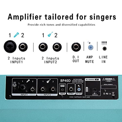 Coolmusic BP40D Powered Acoustic Guitar Amplifier- Portable Bluetooth Speaker 80W W/Battery with Reverb Chorus Delay Effect, 6 Inputs,3 Band EQ, Blue - color: Blue