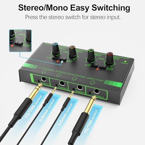 HOSONGIN 4 Channel Headphone Amplifier, Portable Mini Earphone Splitter with Independent Volume Control, Low Noise Stereo Output, Compatible with 1/4" & 1/8" TS/TRS, Ideal for Studio Stage