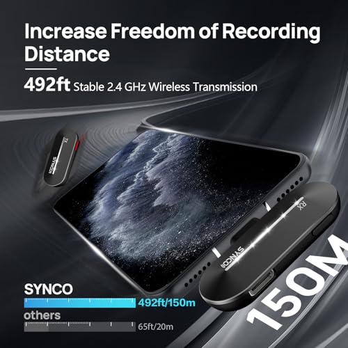 SYNCO P2L Wireless Lavalier Microphone for iPhone, Dual Mic Noise Reduction, Charging Case, Plug Play, 2.4GHz, 45mins Shooting Time