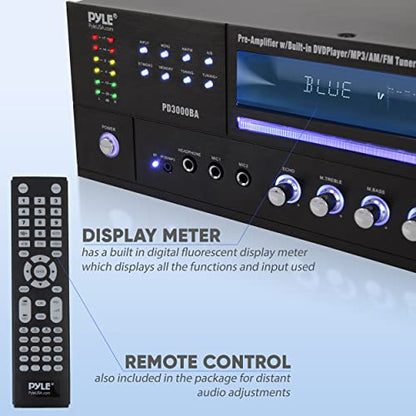 Pyle 4 Channel Bluetooth Amplifier with Front Loading DVD/CD Player - 3000 Watt Stereo Receiver with FM Radio, Dual Microphone w/Echo for Karaoke, USB-A in, LED, Rack Mount - PD3000BA.5