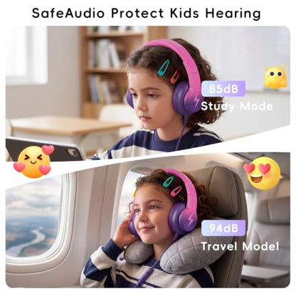 Candy Bila Wired Kids Headphones for School, Over-Ear for Boys Girls | Volume Limiter 85/94dB, HD Stereo Sound, Microphone and Wired Control,Foldable Design, Deep Purple and Pink - color: Deep Purple and Pink