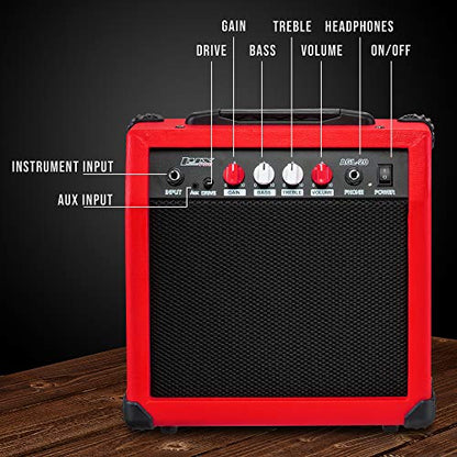 LyxPro Electric Guitar Amp 20 Watt Amplifier Built in Speaker Headphone Jack and Aux Input Includes Gain Bass Treble Volume and Grind - Red - color: Red, size: 20 Watt