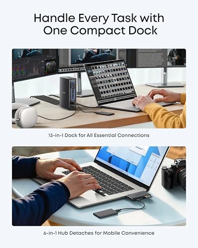 Anker Nano Laptop Docking Station, 13in1 Dock with Detachable 6in1 USBC Hub | 3 Display USB C Dock (2 HDMI+1 DP), 10 Gbps USBC, 3 USBA, Audio, SD/TF, Ethernet, 100W Max PD for Dell/Lenovo/HP Home Office