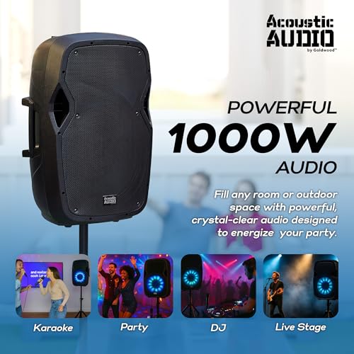 Acoustic Audio by Goldwood 1000W Bluetooth PA Speaker with LED, Mic & Stand | Large Plug-In Powered PA System with Remote & Flashing LED Party Lights for Karaoke, DJ or Tailgate Party