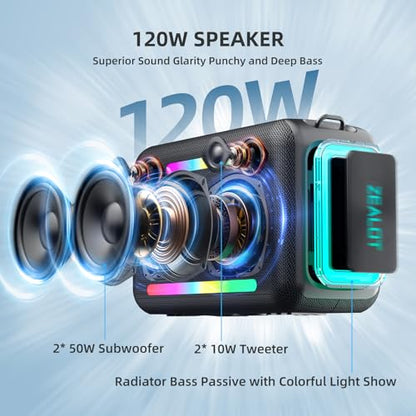 ZEALOT 120W RMS(150W Peak) Bluetooth Speaker, Portable Wireless Speakers IPX6 Waterproof Loud Bluetooth Subwoofer Speaker with LED Light, 40H Playtime, Custom EQ, Stereo TWS Pairing for Outdoor, Party - color: Black