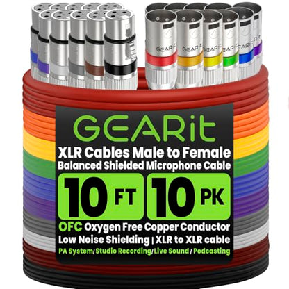 GEARit 22AWG OFC XLR Cables 10 FT 10-Pack Male to Female for Live AV Crews - size: 10 Feet