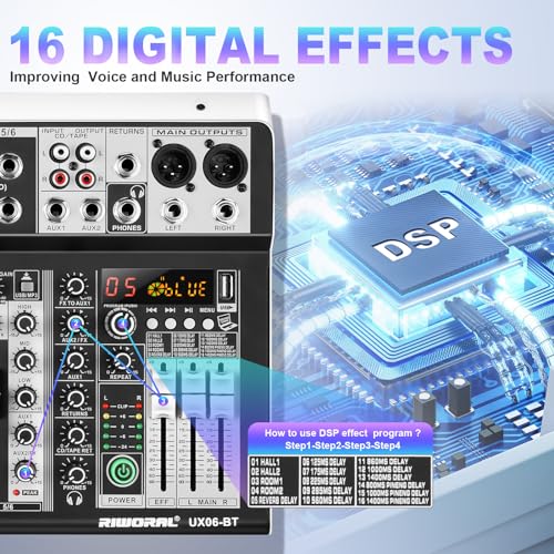 6 Channel Audio Interface Sound Board Mixing Console 16-Bit DSP DJ Mixer Audio Reverb Effect +48V Phantom Bluetooth Studio Audio Mixer For Karaoke Studio Streaming Recording