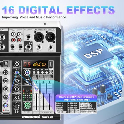 6 Channel Audio Interface Sound Board Mixing Console 16-Bit DSP DJ Mixer Audio Reverb Effect +48V Phantom Bluetooth Studio Audio Mixer For Karaoke Studio Streaming Recording