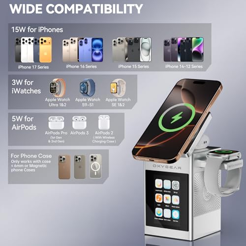 7-in-1 Magnetic Wireless Charging Station, Qi2 15W Fast Charging (Sliver) | Multifunctional Charger for Apple Multiple Devices, LCD Display with Bluetooth 5.3 Speaker, Alarm Clock (Adapter Included)