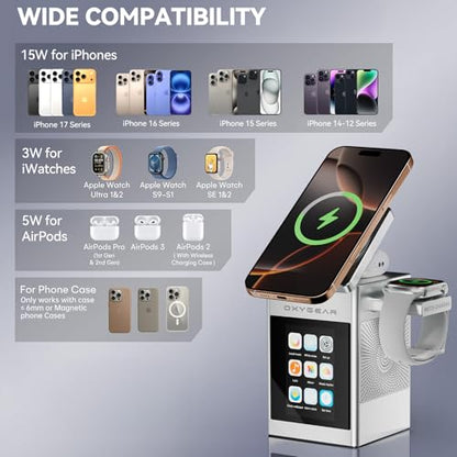 7-in-1 Magnetic Wireless Charging Station, Qi2 15W Fast Charging (Sliver) | Multifunctional Charger for Apple Multiple Devices, LCD Display with Bluetooth 5.3 Speaker, Alarm Clock (Adapter Included)