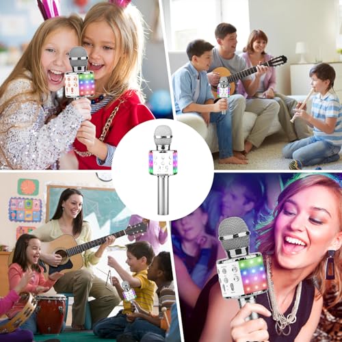 ShinePick Karaoke Microphone, 4 in 1 Wireless Microphone with LED Lights Handheld Portable Karaoke Machine, Home KTV Player, Compatible with Android & iOS Devices (Silver) - color: silver