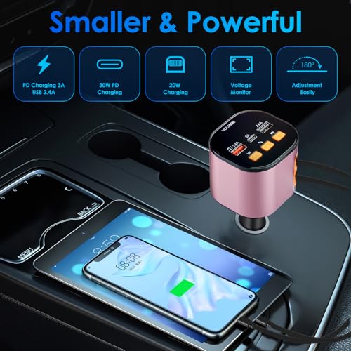 Retractable Car Charger,5 in 1 Fast Car Phone Charger 90W,Bluetooth 5.3 FM Transmitter Adapter,Handsfree Call,2 Retractable Cables and USB Cars Chargers for iPhone 17/16/15/14/13/Galaxy/Pixel - color: Pink