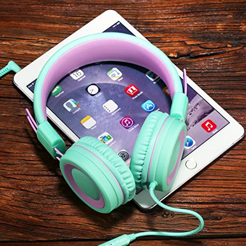 POWMEE P10 Kids Headphones with Microphone Stereo Headphones for Children Boys Girls,Adjustable 85dB/94dB Volume Control Foldable On-Ear Headphone with Microphone for School/PC/Cellphone(Green) - color: Green