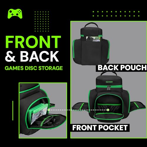CROTIRAD Carrying Case for Xbox Series X with Multiple Storage Pockets | Water-Resistant Padded Travel Bag with 6 Pouches for Controllers, Headset, Game Discs, Cables, SSDs & Accessories, Green Zip