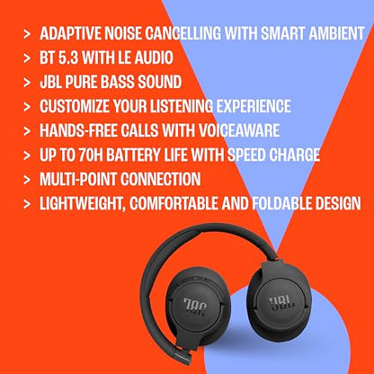 JBL Tune 770NC - Adaptive Noise Cancelling with Smart Ambient Wireless Over-Ear Headphones, Bluetooth 5.3, Lightweight and Foldable Design (Blue) (Renewed)