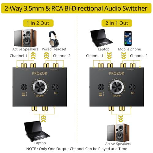 PROZOR 3.5mm & RCA Bi-Directional Audio Switch, 2-in-1-Out / 1-in-2-Out | Passive Splitter with Volume Knob & Mute Button, Stereo L/R Audio Switcher Selector Box for Headphones, Amplifiers, Speakers - color: Black 2-1 RCA&3.5mm