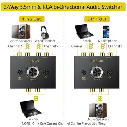 PROZOR 3.5mm & RCA Bi-Directional Audio Switch, 2-in-1-Out / 1-in-2-Out | Passive Splitter with Volume Knob & Mute Button, Stereo L/R Audio Switcher Selector Box for Headphones, Amplifiers, Speakers - color: Black 2-1 RCA&3.5mm