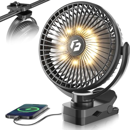 40000mAh 8" Clip on Fan, Rechargeable Battery Powered Fan with Screw Clamp | 150H Runtime, LED Light, 3 Speed, Portable Cooling Fan Ideal for Golf Cart, Desk, Tent, Travel, Gym, Treadmill, Summer Gifts
