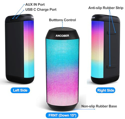 Bluetooth Speaker, Portable Wireless, 20W HD Stereo Loud Sound, 8 Modes LED Light Show, 30H Playtime, IPX4 Waterproof, TWS Pairing, Built-in Mic, BT5.3, for Outdoor, Party, Travel, Home, Ideal Gifts
