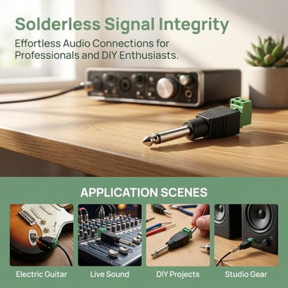 NANYI TS 1/4 Inch Jack, 6.35mm Mono Male Solderless Terminal Plug -2Pack | 6.35mm TS mono male; solderless screw terminal; green body; polarity marked; fits guitar amp speaker mic cable Plug - color: Green - welding free