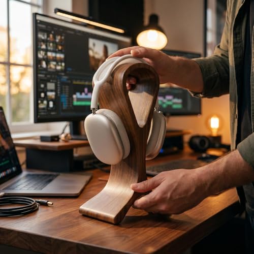 Wooden Headphone Stand for Desk – Premium Walnut Wood Headset Holder Compatible with AirPods Max, Gaming Headphones & Studio Headsets – Modern Desk Organizer & Headphone Display Stand