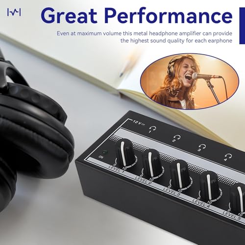 HERCHR Headphone Amplifier 8 Channel Metal Stereo Audio Amplifier, 100 to 240V Portable Headphone Amp with Power Adapter for Studio and Stage