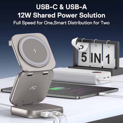 5-in-1 Wireless Charger for MagSafe, AC ISLAND Portable Travel Charging Station, 35W Max Qi2 Fast Foldable Magnetic Stand, Evolved for iPhone 17-12 Series, Apple Watch, AirPods (with 35W Adapter) - color: Titanium