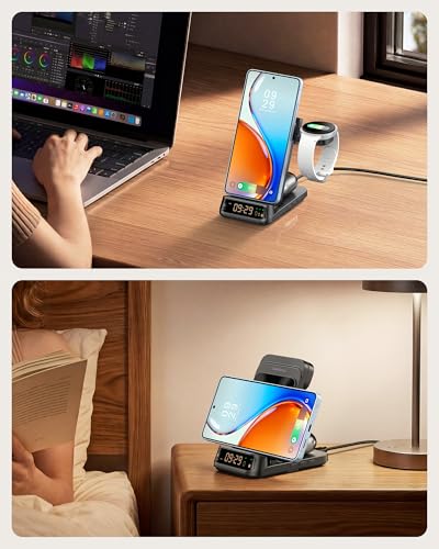 SwanScout 708S 3-in-1 Foldable Wireless Charger for Samsung Devices | Wireless Charging Station with Clock, for S26/S25/S24/S23/Z Flip 8, for Galaxy Watch 8/7/FE/6/5/4, No Adapter - color: Black