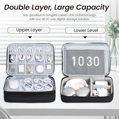 Electronic Organizer Travel Case, Double Layer Cable Organizer Bag | Double-layer design with adjustable dividers, mesh pockets and elastic loops for chargers, cables, power banks and gadgets - color: black